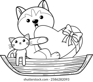 Valentine Day Coloring Page with cute husky