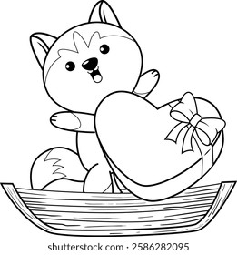 Valentine Day Coloring Page with cute husky