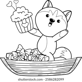 Valentine Day Coloring Page with cute husky