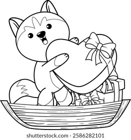 Valentine Day Coloring Page with cute husky