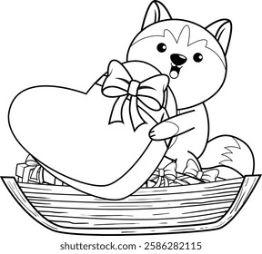 Valentine Day Coloring Page with cute husky