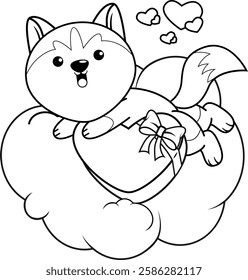 Valentine Day Coloring Page with cute husky