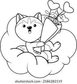 Valentine Day Coloring Page with cute husky