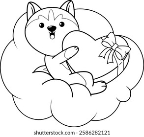 Valentine Day Coloring Page with cute husky