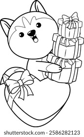 Valentine Day Coloring Page with cute husky
