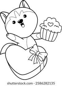 Valentine Day Coloring Page with cute husky