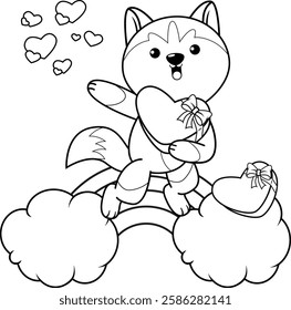 Valentine Day Coloring Page with cute husky