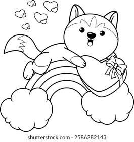 Valentine Day Coloring Page with cute husky