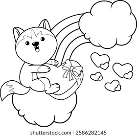 Valentine Day Coloring Page with cute husky