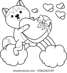 Valentine Day Coloring Page with cute husky