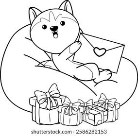 Valentine Day Coloring Page with cute husky