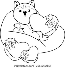 Valentine Day Coloring Page with cute husky