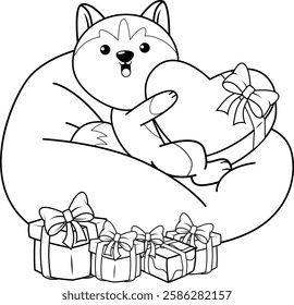 Valentine Day Coloring Page with cute husky