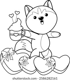 Valentine Day Coloring Page with cute husky