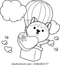 Valentine Day Coloring Page with cute husky