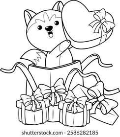 Valentine Day Coloring Page with cute husky