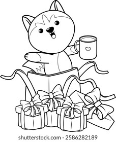 Valentine Day Coloring Page with cute husky