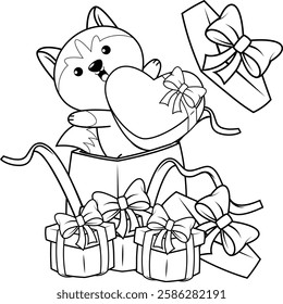 Valentine Day Coloring Page with cute husky