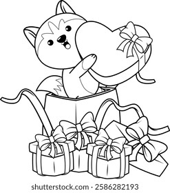 Valentine Day Coloring Page with cute husky