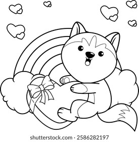 Valentine Day Coloring Page with cute husky