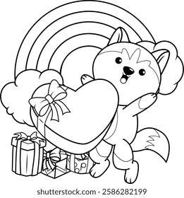 Valentine Day Coloring Page with cute husky