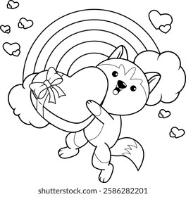 Valentine Day Coloring Page with cute husky