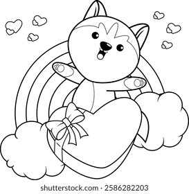 Valentine Day Coloring Page with cute husky