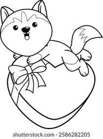 Valentine Day Coloring Page with cute husky