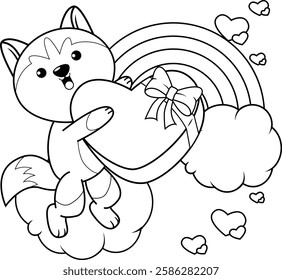 Valentine Day Coloring Page with cute husky