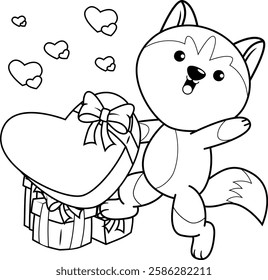 Valentine Day Coloring Page with cute husky