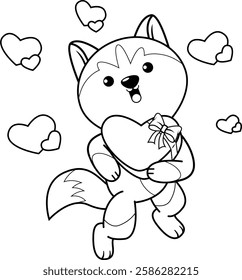 Valentine Day Coloring Page with cute husky