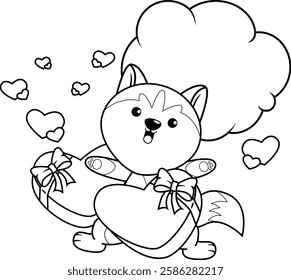 Valentine Day Coloring Page with cute husky