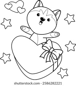 Valentine Day Coloring Page with cute husky