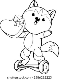 Valentine Day Coloring Page with cute husky