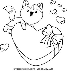 Valentine Day Coloring Page with cute husky