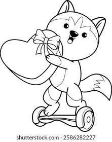 Valentine Day Coloring Page with cute husky