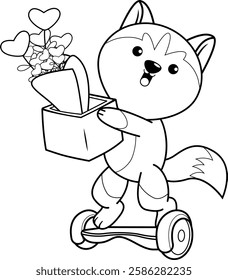 Valentine Day Coloring Page with cute husky