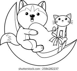 Valentine Day Coloring Page with cute husky