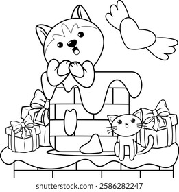 Valentine Day Coloring Page with cute husky