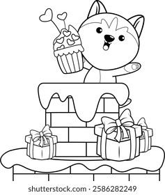 Valentine Day Coloring Page with cute husky