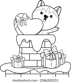 Valentine Day Coloring Page with cute husky