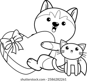 Valentine Day Coloring Page with cute husky