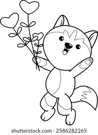 Valentine Day Coloring Page with cute husky