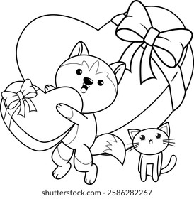 Valentine Day Coloring Page with cute husky