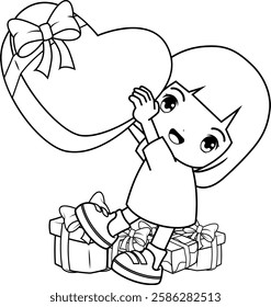 Valentine Day Coloring Page with cute girl