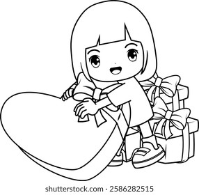 Valentine Day Coloring Page with cute girl