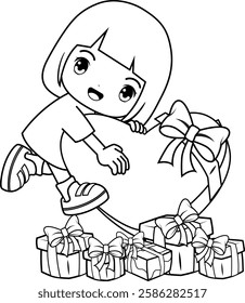 Valentine Day Coloring Page with cute girl