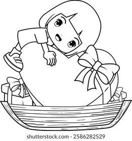Valentine Day Coloring Page with cute girl