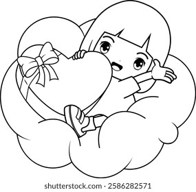 Valentine Day Coloring Page with cute girl