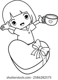 Valentine Day Coloring Page with cute girl